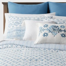 8pc Queen Block Print with Border Comforter Bedding Set Light Blue -
