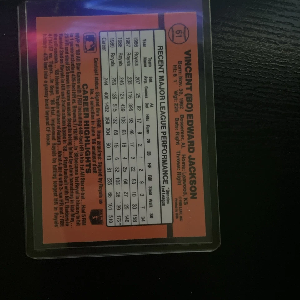 1990 Donruss Bo Jackson #61 Royals Baseball Card No Dot error card Rare - Image 2 of 2