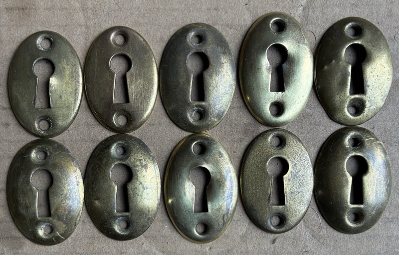 Lot Of (10) Ten Antique Solid Brass Skeleton Key Hole Cover Escutcheon Plate