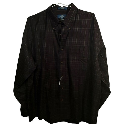 ENRO Shirt Men Large Navy Checker Cotton Long Sleeve Non-Iron Twill Button-Down