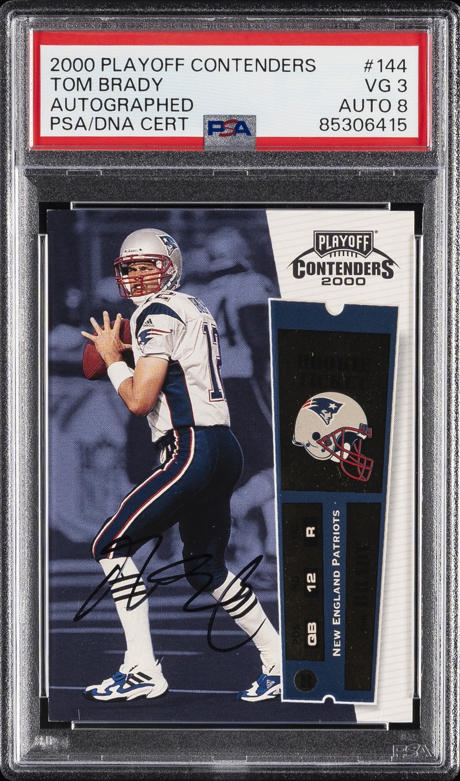 2000 PLAYOFF CONTENDERS AUTOGRAPHED #144 TOM BRADY ROOKIE RC PSA 3 AUTO 8