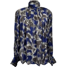 Vintage 70s 80s Abstract High Mock Neck Pleated Blouse 12 Boho Office Disco Glam