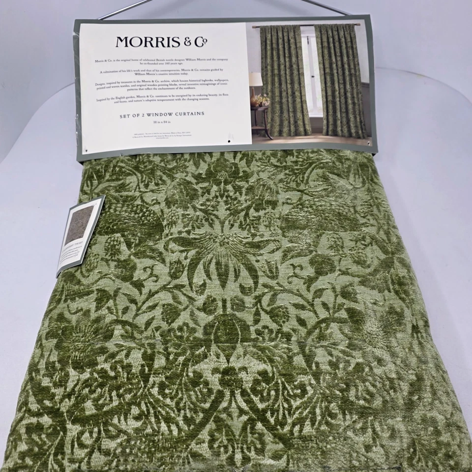 Juego de 4 cortinas de terciopelo Morris & Co Strawberry Thief 38"x84" Loden verde Foto 2 de 4