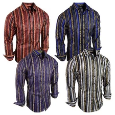 Mens Shirt Luxury Italian Stripe Chains Gold Foil Stretch Slim Fit Button Up