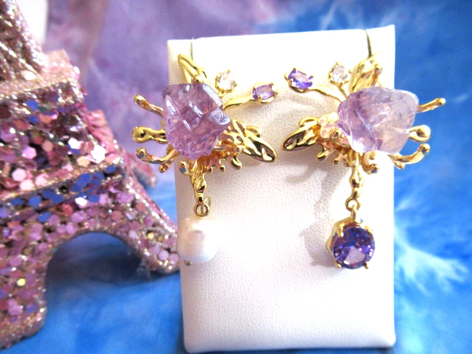 Pendientes Perla Amatista Hada Mariposa Asimétrico Oro Druzy Cuarzo Piedra NUEVO Foto 3 de 4