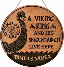 Personalised Viking Sign, Custom Norse Warrior Printed Wood Wall Decor
