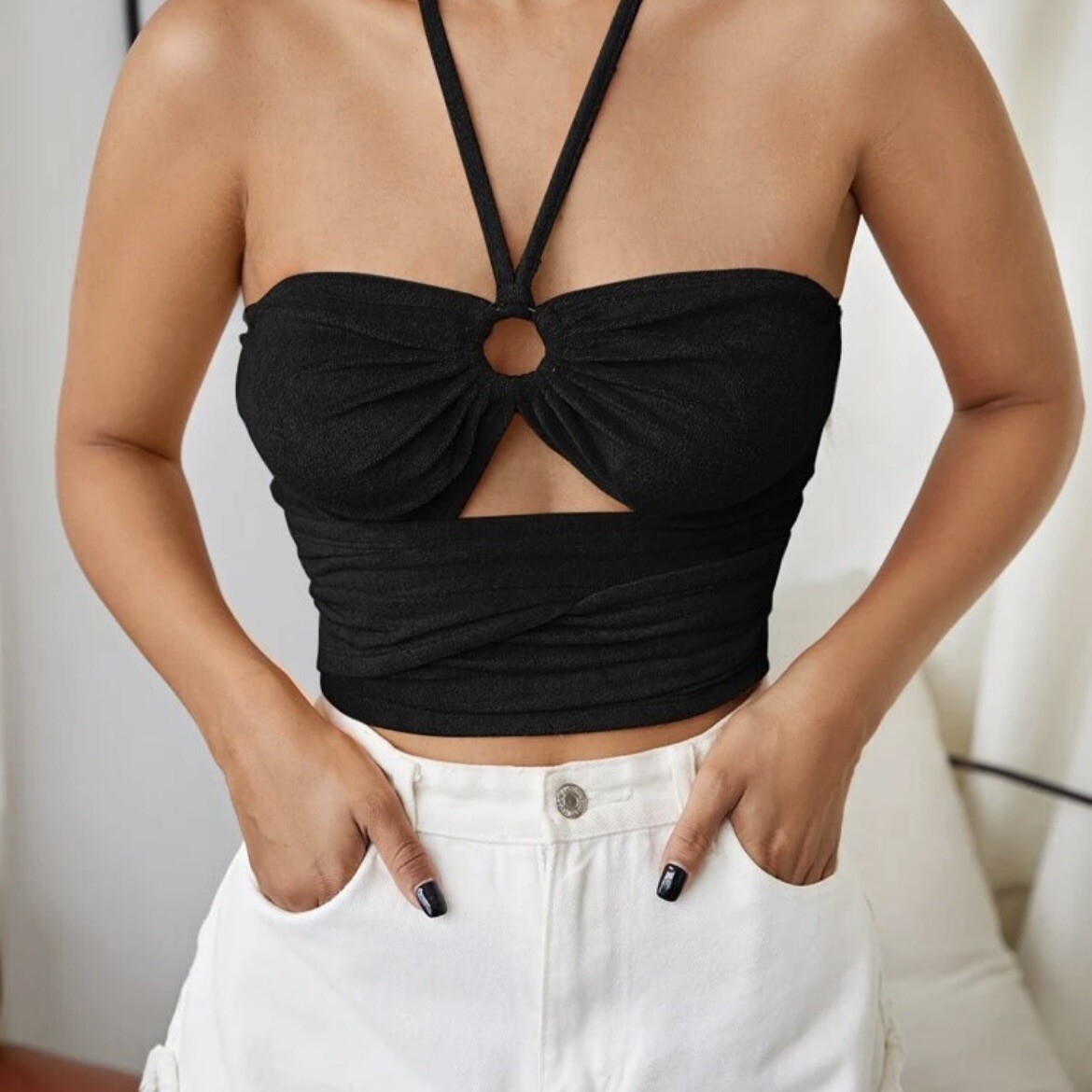Shein Halter Crop Top Womens Size Medium Black Cut Out Ring Tie back | eBay