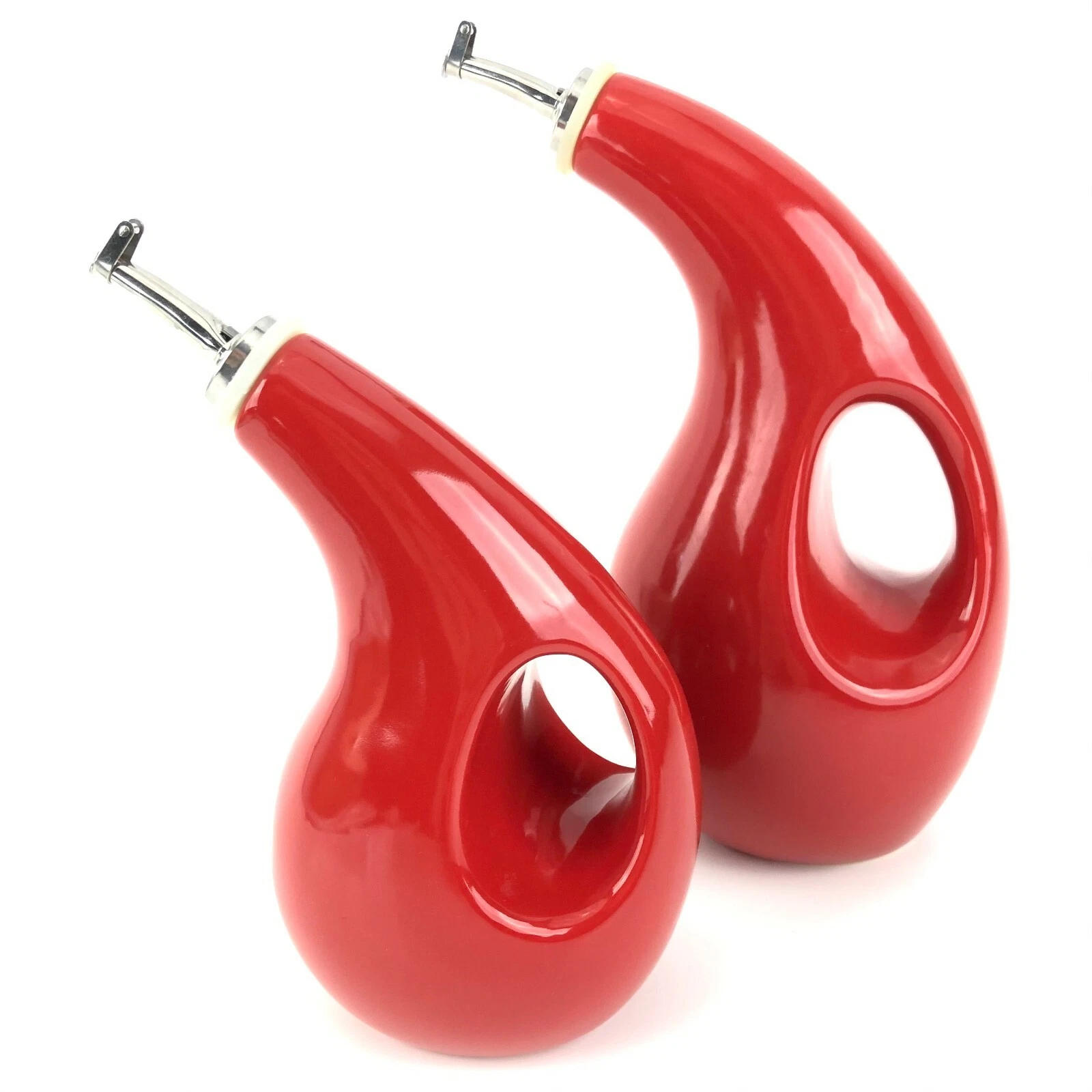 Rachael Ray Oil & Vinegar Cruet Dispensers Red Stoneware Set of 2 EVOO Pourers