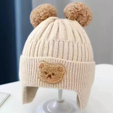 Winter Baby Knitted Hats with Pom Kids Teddy Bear Knit Beanie Hat with Ear Flaps