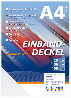 100 Deckelfolien PP, transparent - matt, Deckblatt DIN A4, 500 mic - 0,5 mm
