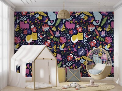 3D Floral Cat Leaf Bird Purple Self-adhesive Removeable Wallpaper Wall Mural1