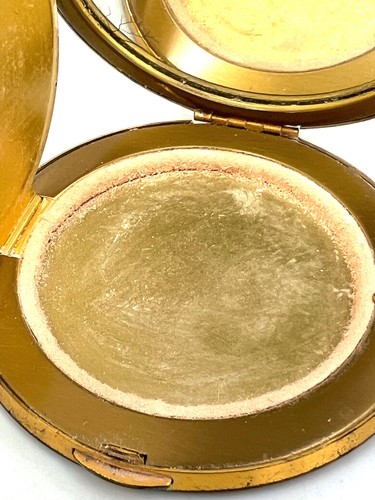 Wadsworth Powder Compact 1940s Brass Etched Florals on Sparkly Black 3in Vintage - Afbeelding 12 van 17