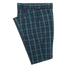 Mens Gurkha Pants 34 Blue Green Plaid Wool Slim Fit Flat Front Dress Trousers