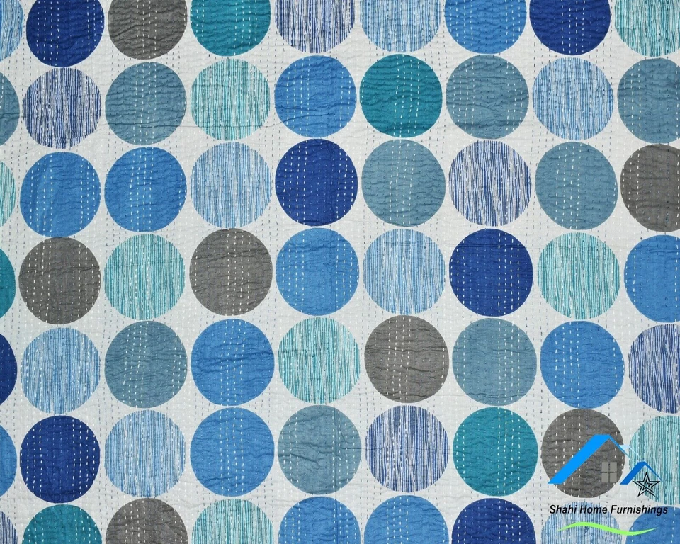 Indian Bedspread Handmade Coverlet King Size Kantha Quilt Polka Dot Print Gudari - Image 4 of 4
