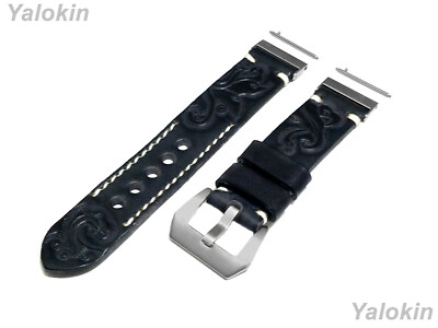 Black Gray Embossed Leather Band for 20mm-26mm Watches Quick Release Adapters