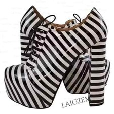 Women Ankle Boots Platform Stripe Round Toe Lace Up Thick High Heels Short Boots