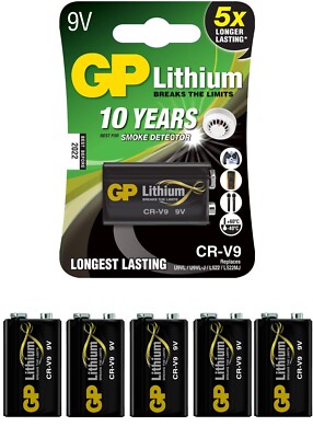 5x1er Blister-GP Batterie Lithium 9V Block E-Block CR-V9 /CRV9 für Rauchmelder  