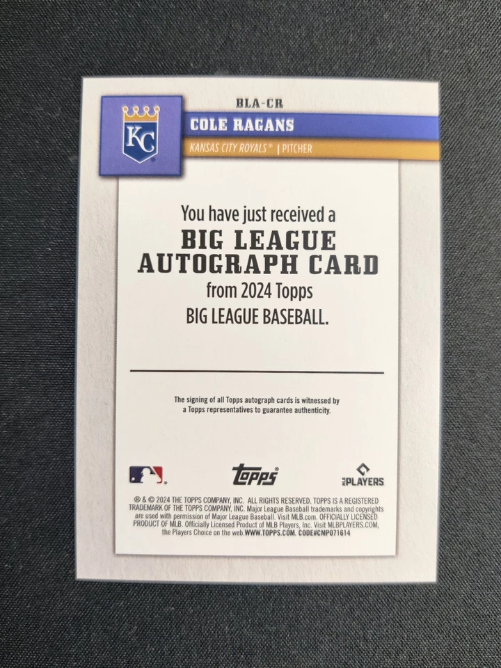 2024 Big League COLE RAGANS Auto BLA-CR Gold 05/50 Kansas City Royals - Image 2 of 4