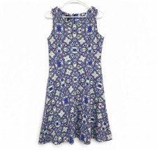 Talbots Dress M Blue Purple Medallion Print Sleeveless Cotton Fit Flare Colorful