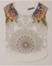 Camicetta donna DESIGUAL grafica senza maniche UK 10 piccola bianca floreale HL15