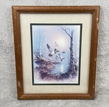 Andres Orpinas "Flying Ducks" Print Wooden Frame Woodland Lake 13.5 x 11 USA 90s