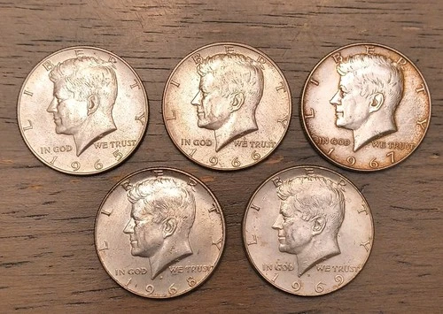 Kennedy Half Dollar Silver Coins Lot of 5, 1965-1969 Circulated 50C 0.4 Fineness