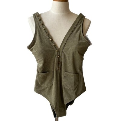 MOEVA Darla One Piece Swimsuit Women L Green Plunge V-neck Pockets Stretch NWT
