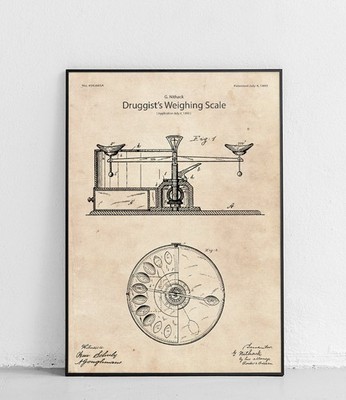 Apothekenwaage Patent Reproduktion Wanduhr Plakat Edmund G Purdy