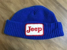 Vintage Blue Jeep Acrylic Knit Beanie Hat Red and White Patch