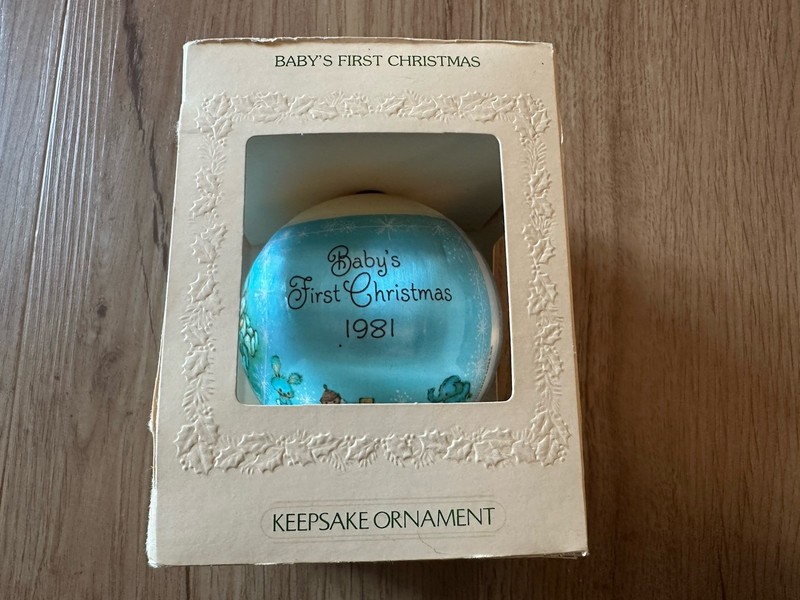1981 HALLMARK "BABY'S FIRST CHRISTMAS" BLUE SATIN BALL