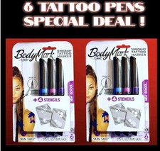 6pc BIC BODYMARK TEMPORARY TATTOO MARKER Purple,Blue,Pink  Stencils, brush Tip