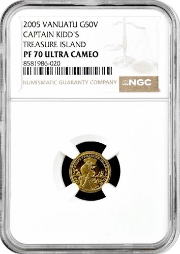 Vanuatu 50 vatu 2005, NGC PF70 UC, "Captain Kidd's Treasure Island" gold coin