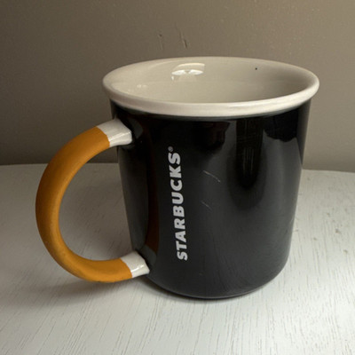 Starbucks Black Mug Yellow Handle White Brew Pour Love Coffee Tea Theme