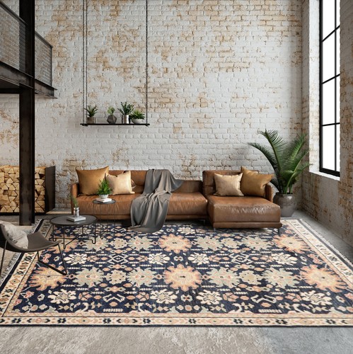 OUSHAK 8'x10' Hand Knotted 100% Wool Transitional Oriental Area Rug Navy