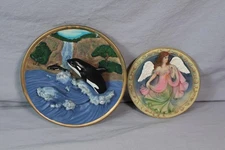 Cadona 1990 Orca Whale + Angel 3D Relief Resin Round Wall Plaques Set of 2 Decor