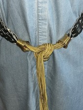 Boho Retro Belt Womens Black Gold Cord Tie Front Sz L Beads Fringe 30-36 1.5"