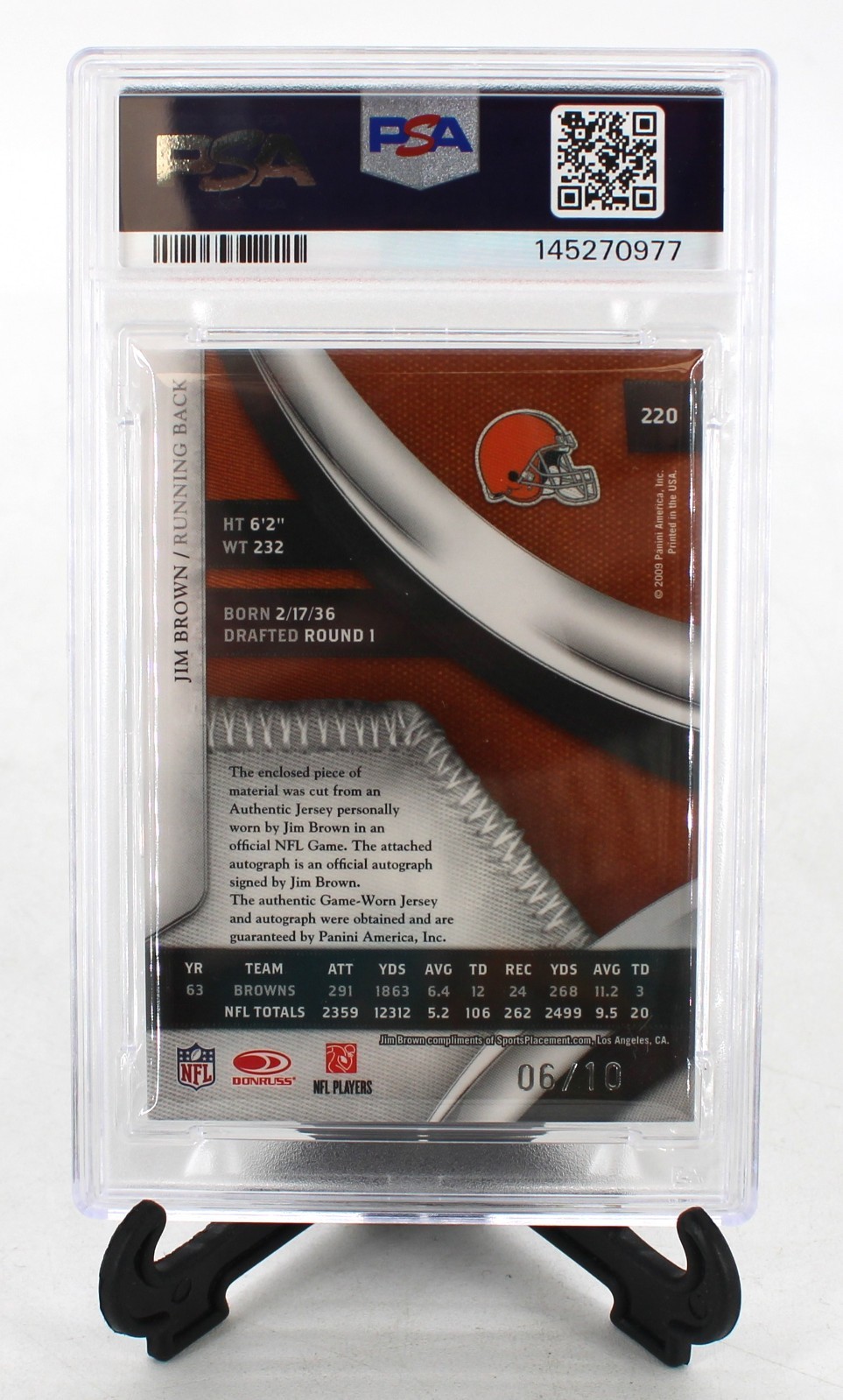 Jim Brown Patch AUTO 2009 Playoff National Treasures Game Worn 6/10 PSA 9 MT view 2
