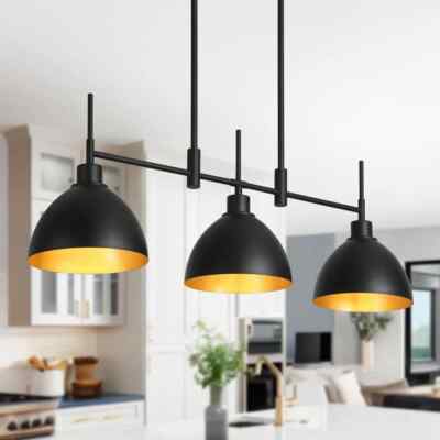 Uolfin 33.3 in Black and Gold Farmhouse Linear Chandelier with Metal Shades
