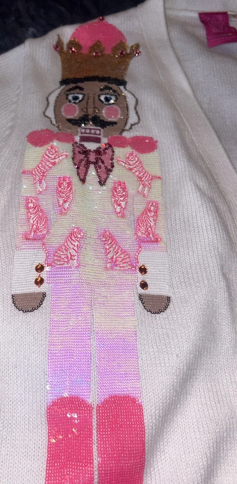 Queen of Sparkles Women's Medium White Pink Long Sleeve nutcracker cardigan - Image 4 of 4