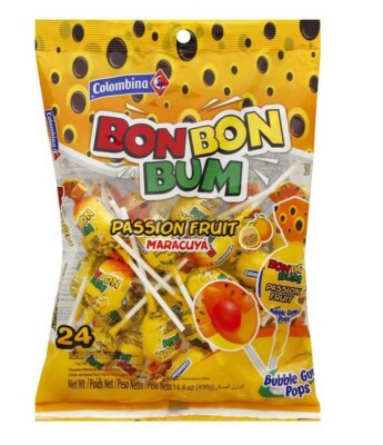 Colombina Bon Bum Maracuya (Passion fruit) Bubble Gum Lollipops, Pack of 24 Pops