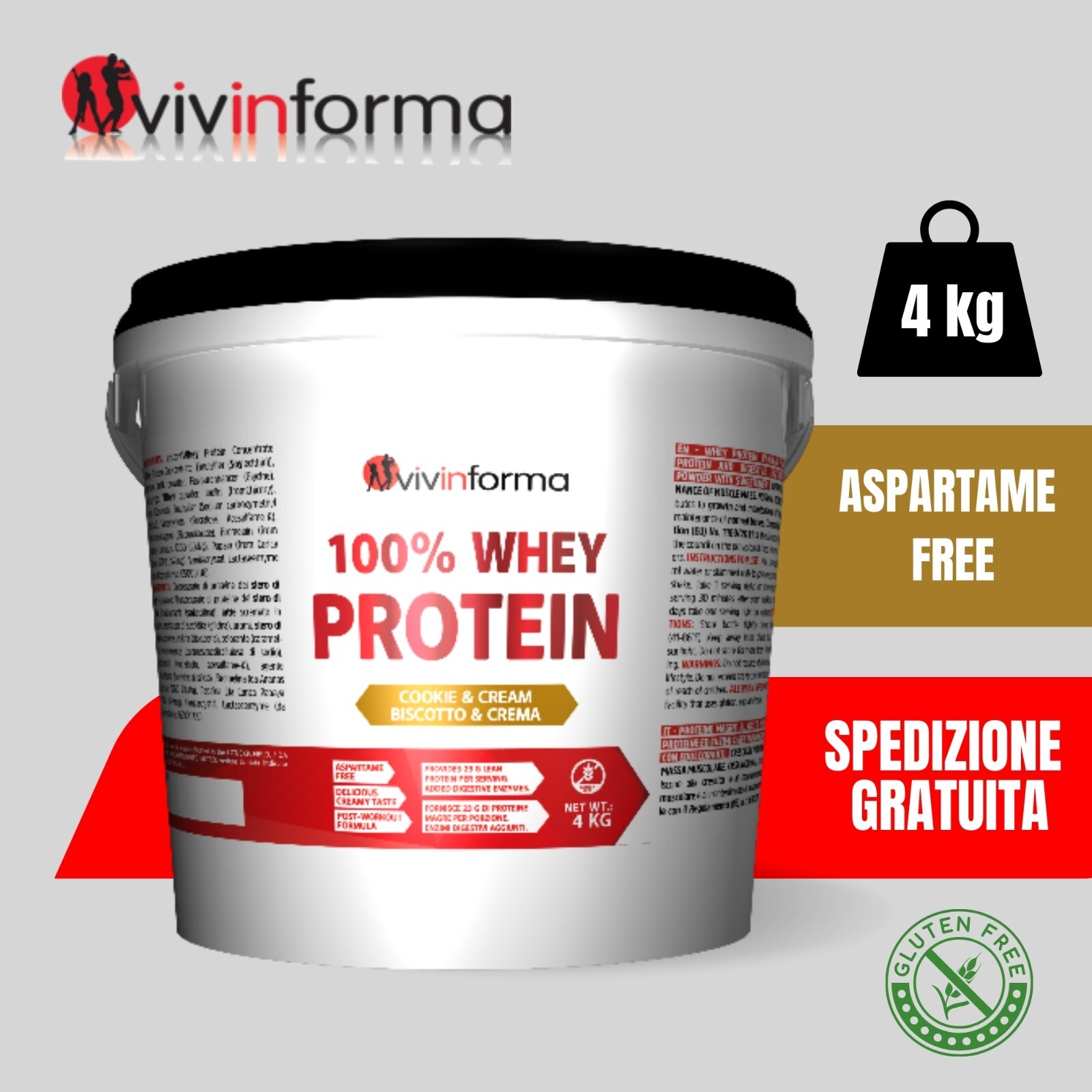 Vivinforma 100% WHEY PROTEIN 4 kg Proteine siero latte in polvere con EAA e BCAA