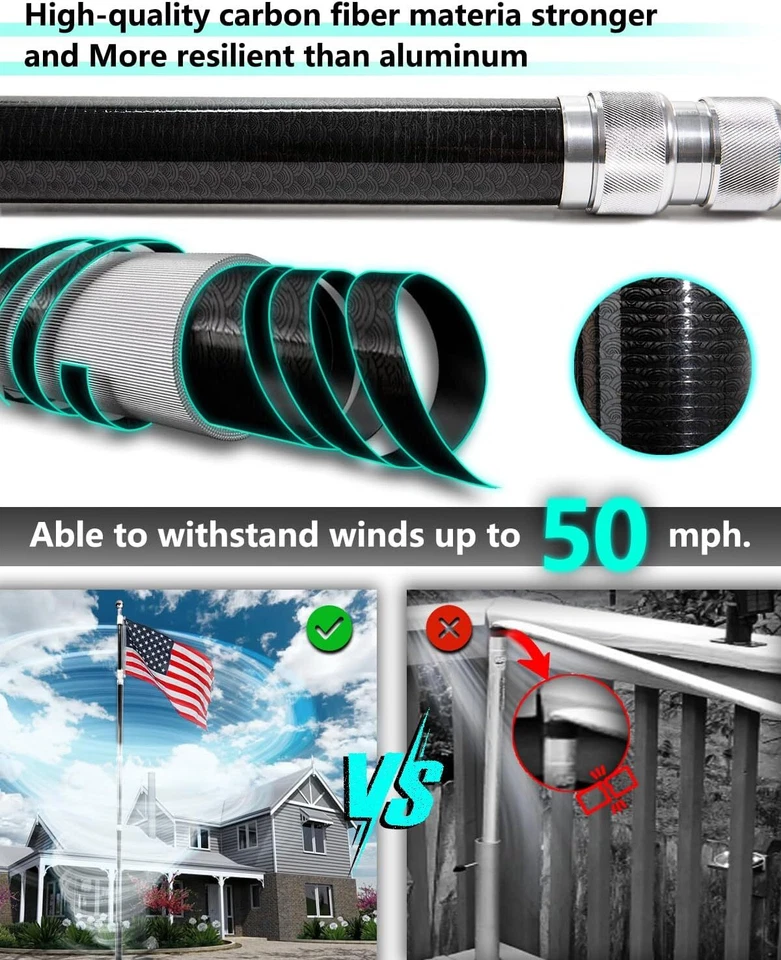 伸缩式旗杆带轮胎底座 - 20 英尺碳纤维房车旗杆套件 — 第 2/4 张图片