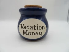 Cobalt Blue "Vacation Money" Stoneware Pottery Jar Cork Lid