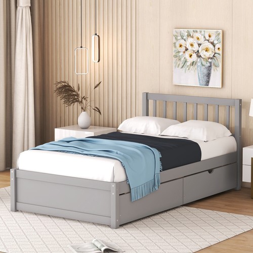 Modern Wooden Twin Size Platform Bed with 2 Storage Drawers for Kids Grey - Picture 2 of 14