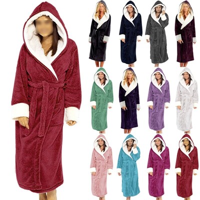 Damen Fuzzy Warm Plush Bademantel Einfarbig Sherpa -Roben Frauen Mit Kapuze Heim