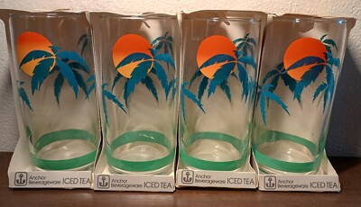 Vintage Anchor Hocking Sunset Palm Tree Glasses Tumblers Ice Tea  HTF NIB Set- 4