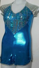 Turquoise Cap Sleeve Shorty Unitard Gym Leg Foil Spandex Sequin Bodice Ad/Ch