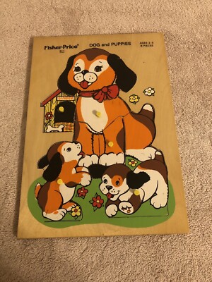 Vintage Fisher Price Dog & Puppies Wood Peg Puzzle #511 