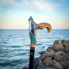 Shark Wooden Cane Walking Stick Solid Wood Carved Fish Cane, Handpainted Sea
