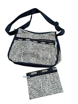 Y2K LeSportsac Leopard Animal Print Bag Crossbody Shoulder Black Brown Pouch Set